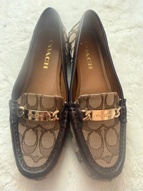 Coach Shoes - Coach Brown Signature Canvas Loafers with Gold Chain Accent